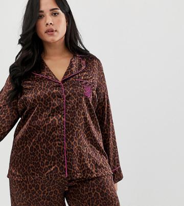 Savage X Fenty Curvy Animal Print Satin Pyjama Top In Toffee Leopard-brown