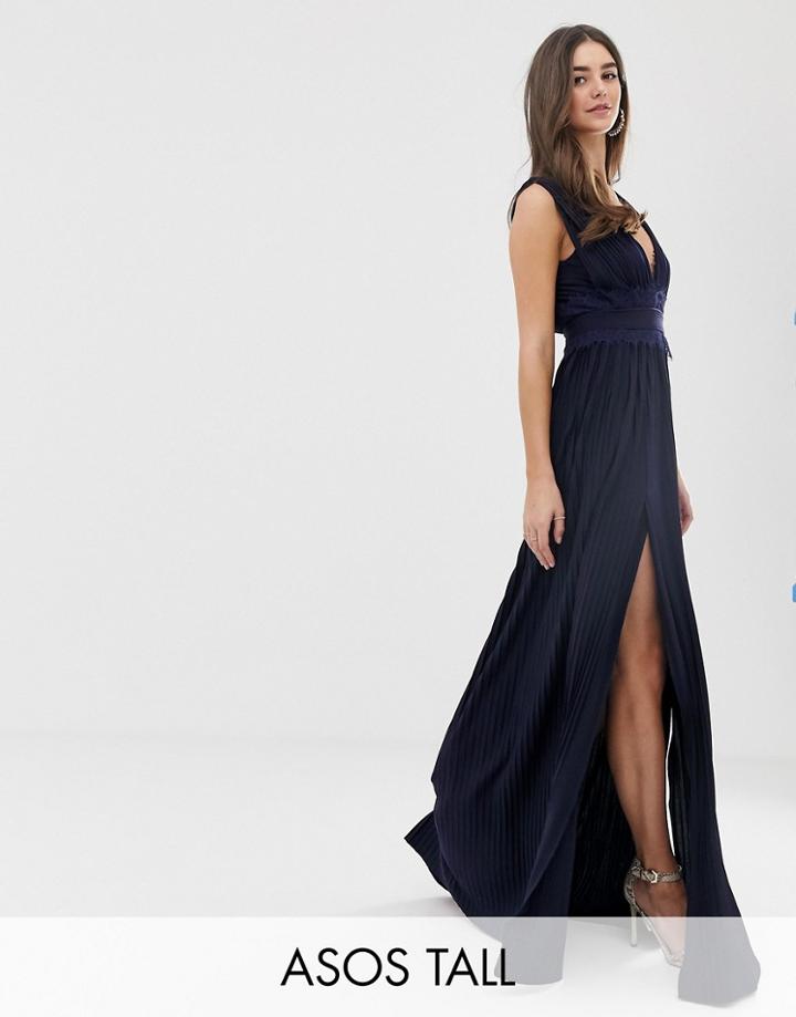 Asos Design Tall Premium Lace Insert Pleated Maxi Dress - Navy
