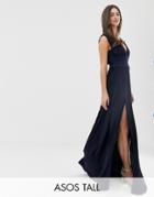 Asos Design Tall Premium Lace Insert Pleated Maxi Dress - Navy