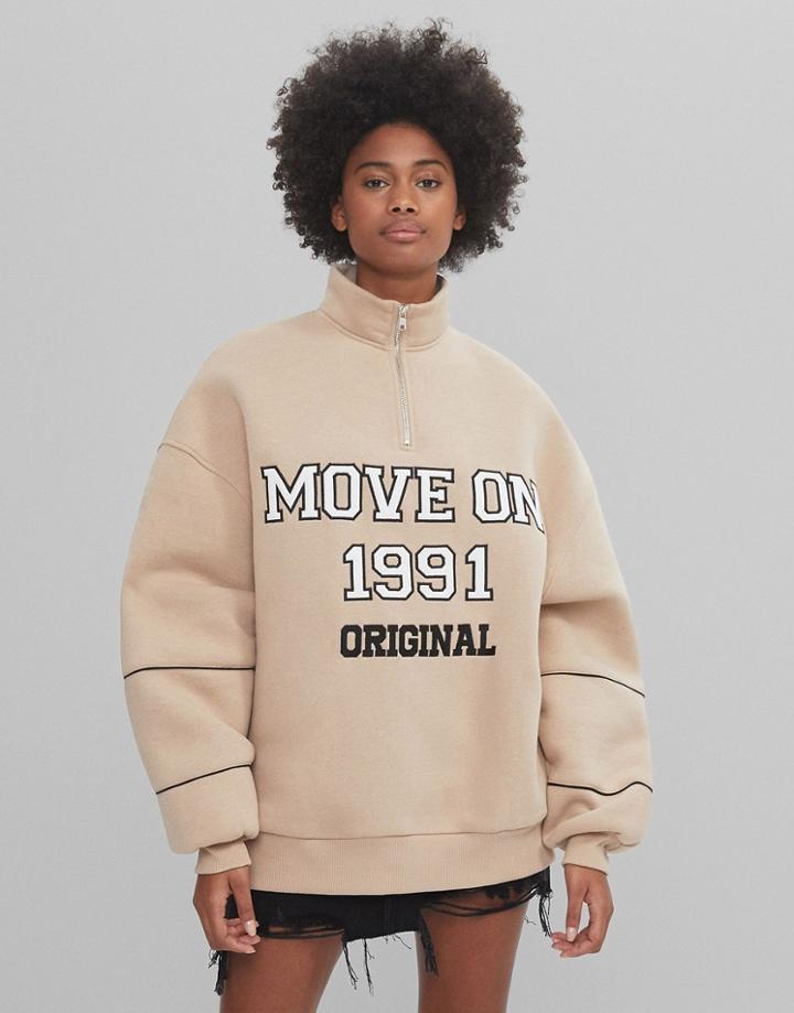 Bershka Zip Up Collegiate Sweatshirt In Beige-neutral