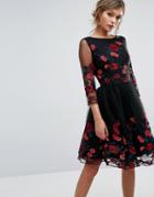 Chi Chi London Long Sleeve Prom Dress With Floral Embroidery - Black