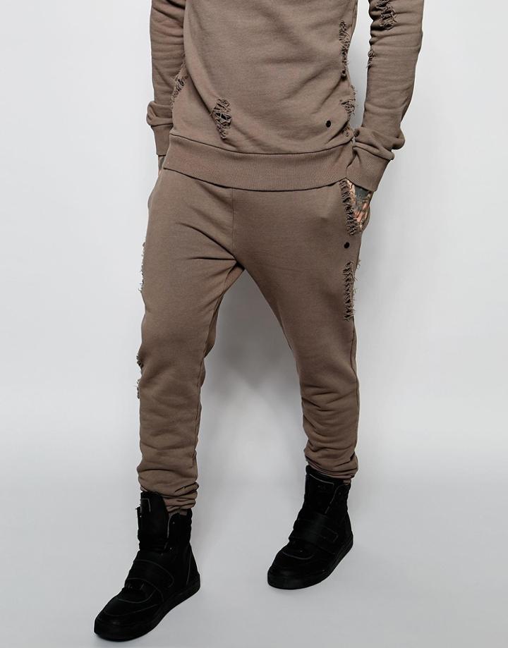 Criminal Damage Distressed Joggers - Mushroom