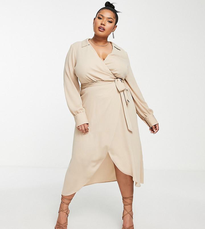 Asos Design Curve Collared Wrap Midi Dress With Tie Belt In Stone-neutral