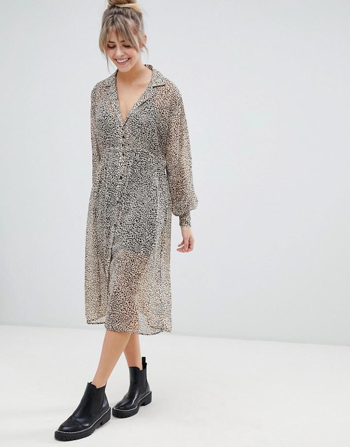 Pull & Bear Sheer Shirt Dress In Leopard Print - Multi