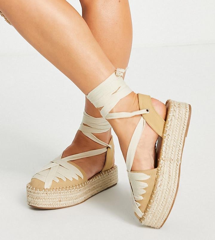 Asos Design Wide Fit Junior Flatform Esadrilles With Ankle Tie In Tan/cream-brown