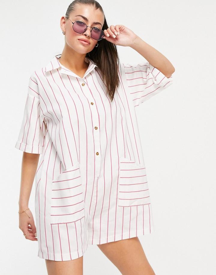 Asos Design Utility Pocket Romper In White Red Stripe-multi