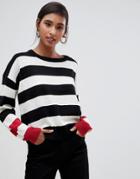Brave Soul Bolt Stripe Sweater With Contrast Cuffs - Pink