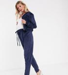 Fashionkilla Maternity Skinny Drawstring Velvet Jogger In Navy - Beige