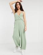 Asos Design Double Cami Strap Jumpsuit In Sage-green