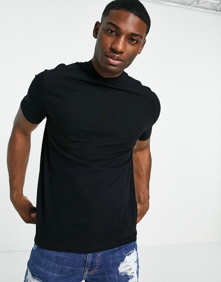 Asos Design Pique T-shirt With Turtleneck In Black
