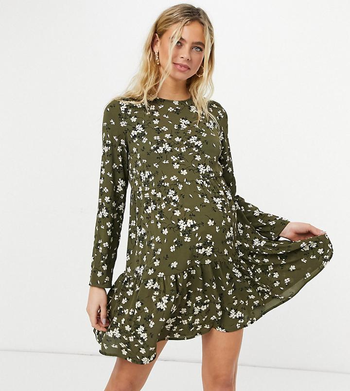 Asos Design Maternity Long Sleeve Tiered Smock Mini Dress In Khaki Floral-multi