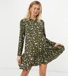 Asos Design Maternity Long Sleeve Tiered Smock Mini Dress In Khaki Floral-multi
