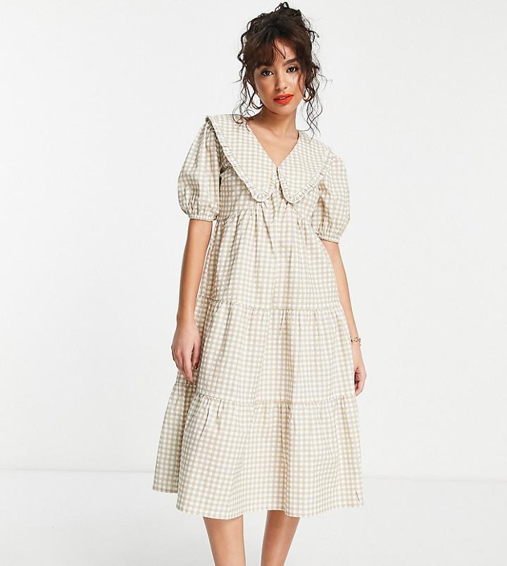 Influence Petite Peter Pan Collar Midi Dress In Beige Gingham-neutral