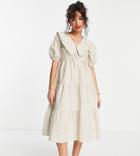 Influence Petite Peter Pan Collar Midi Dress In Beige Gingham-neutral