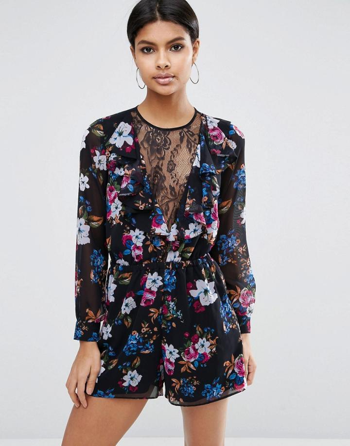 Asos Pretty Floral And Lace Romper - Multi