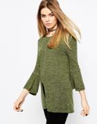 Asos Sweater With Flared Sleeve In Linen Yarn - Olive