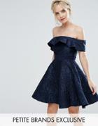 Chi Chi London Petite Textured Off Shoulder Mini Prom Skater Dress - Navy