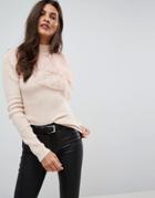 Asos Sweater With Pleated Lace Ruffle - Pink