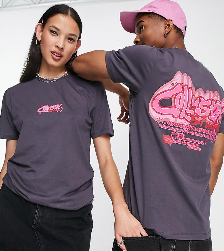 Collusion Unisex Slim Fit T-shirt With Heart Print In Charcoal-gray