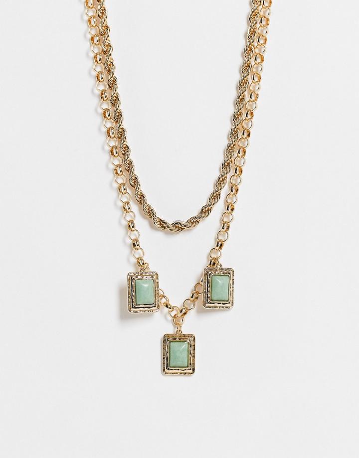 Topshop Square Set Green Stone Multirow Necklace In Gold