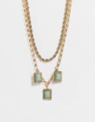 Topshop Square Set Green Stone Multirow Necklace In Gold