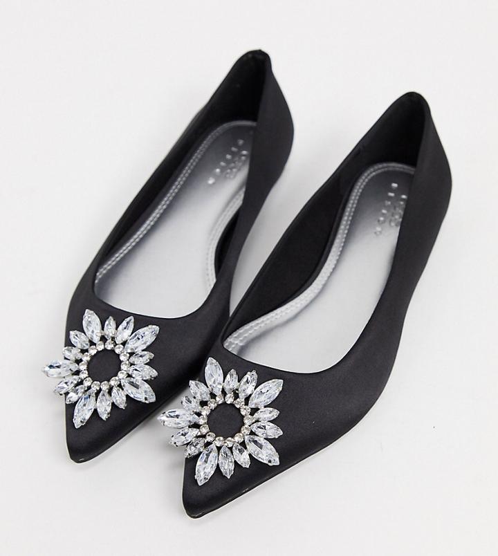 Asos Design Wide Fit Lingo Embellished Pointed Ballet Flats In Black Satin