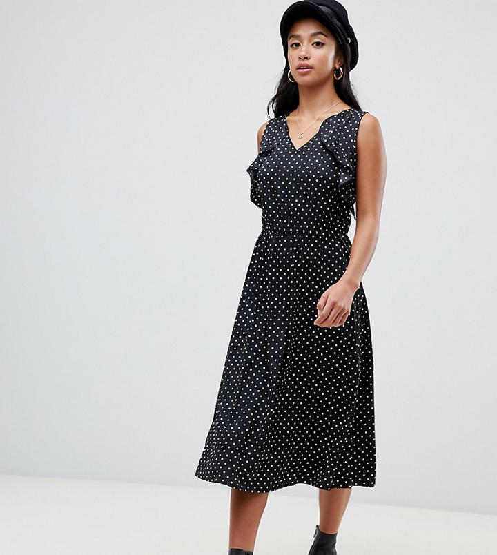 Vero Moda Petite Polka Dot Midi Dress With Ruffle Panel - Multi