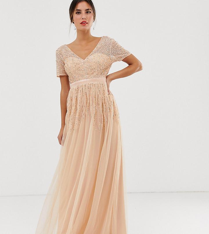 Maya Mesh All Over Scattered Sequin Pleated Maxi Dress In Soft Peach - Pink