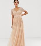 Maya Mesh All Over Scattered Sequin Pleated Maxi Dress In Soft Peach - Pink