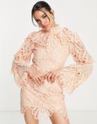 Asos Luxe Cutwork Broderie Mini Dress In Coral-pink