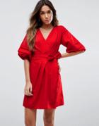 Asos Wrap Dress In Cotton With Hitched Sleeves - Red