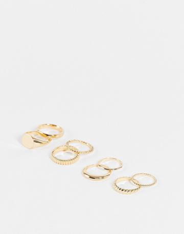 Asos Design Pack Of 8 Rings With Mixed Minimal Designs In Gold Tone