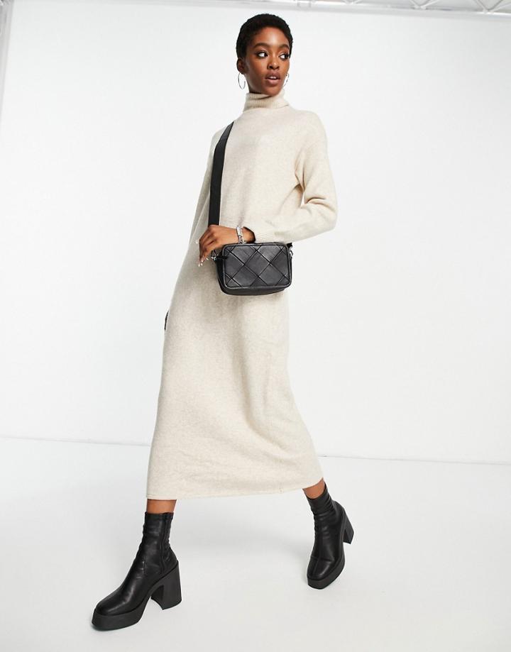 Bershka Roll Neck Dress In Sand-neutral