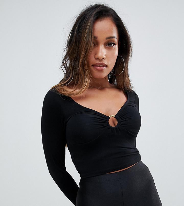 Asos Design Petite Long Sleeve Top With Ring Detail - Black