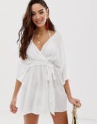 Asos Design Plunge Tie Waist Kimono Sleeve Crinkle Beach Cover Up In White - White