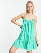 Asos Design Strappy Gathered Neck Mini Dress With Pep Hem In Green Floral