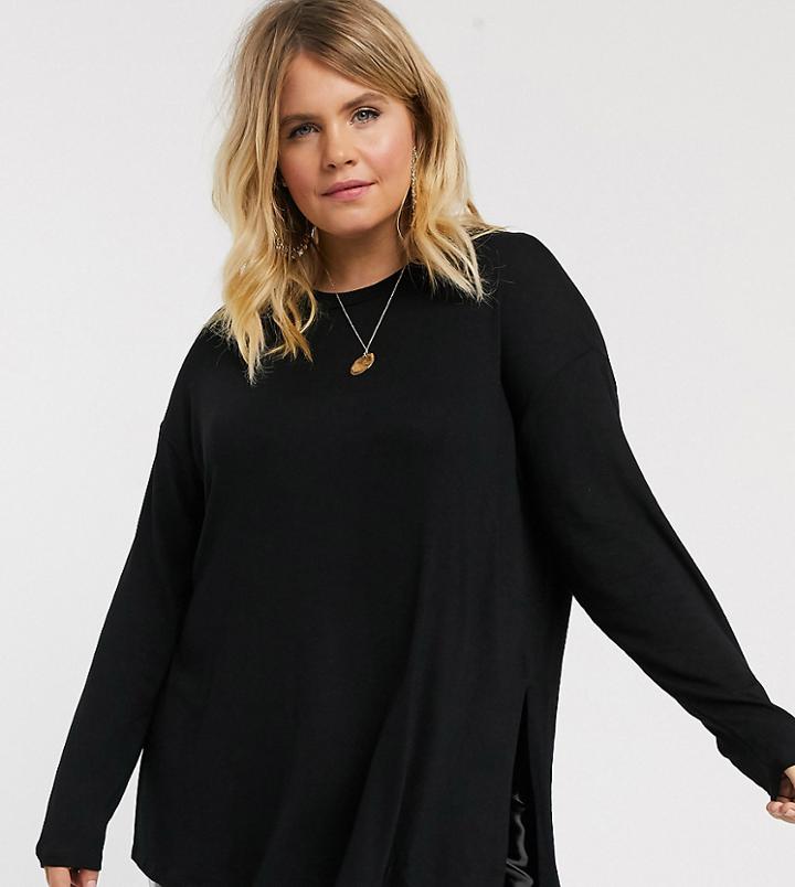Asos Design Curve Longline Top With Long Sleeve In Textured Jersey In Black