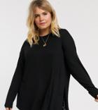 Asos Design Curve Longline Top With Long Sleeve In Textured Jersey In Black