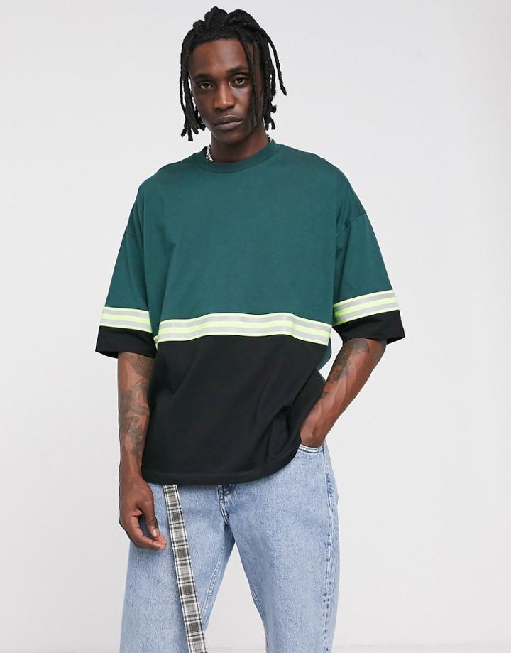 Asos Design Oversized T-shirt With Half Sleeve And Reflective Tape In Green-black