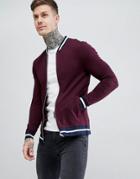 Asos Design Jersey Muscle Bomber Jacket In Burgundy With Striped Tipping - Red