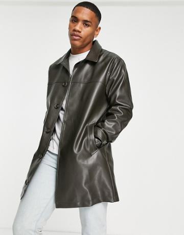 Urbancode Faux Leather Trench Coat In Khaki-black