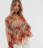 Skylar Rose Plunge Front Blouse With Shirring In Orchid Print-tan