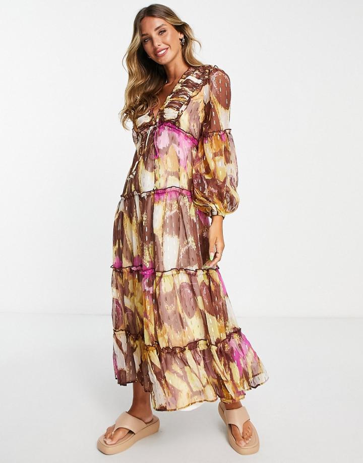 River Island Printed Midi Dress In Dark Purple