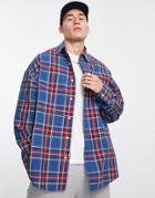 Asos Design Extreme Oversized Long Sleeve Shirt In Collegiate Check With City Embroidery-blues