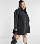 Asos Design Curve Denim Puff Sleeve Shirt Dress In Washed Black
