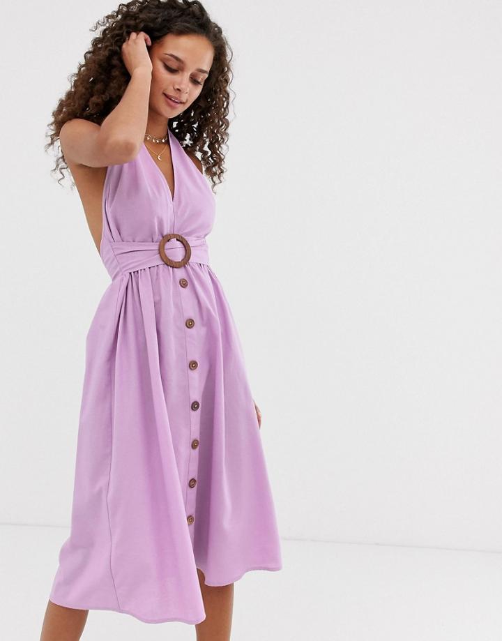 Asos Design Halter Neck Midi Button Through Linen Sundress With Buckle-purple