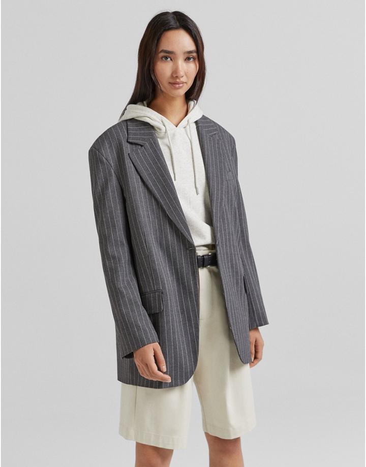 Bershka Pinstripe Blazer In Gray-grey