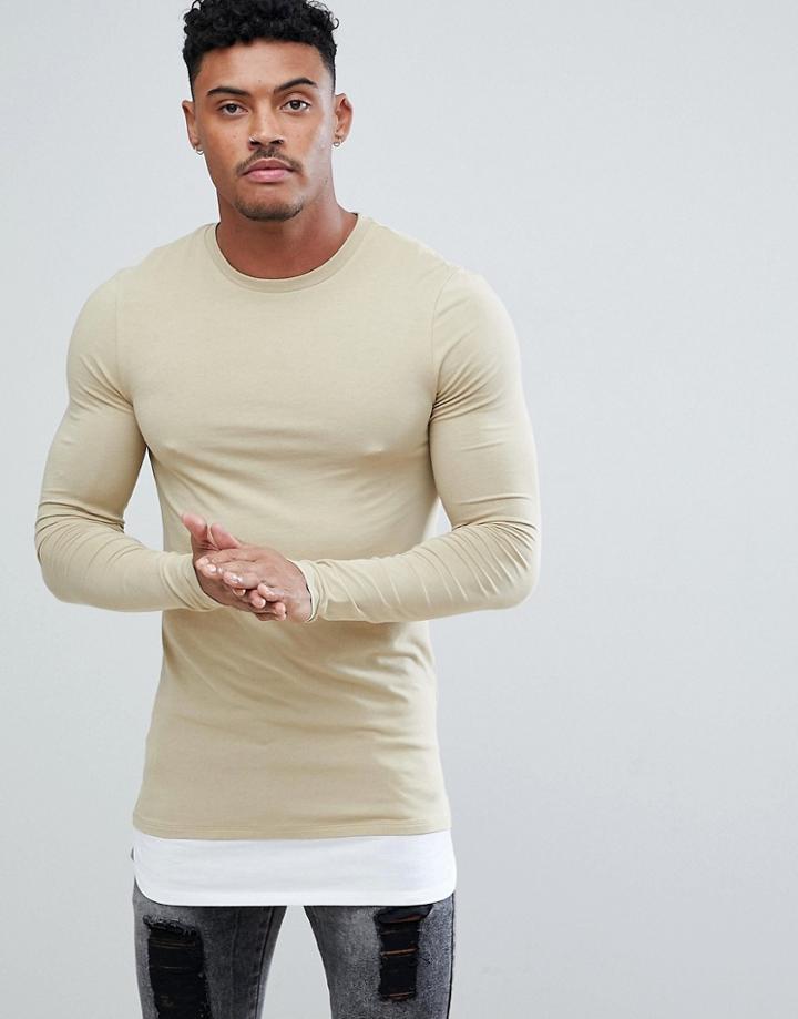 Asos Design Longline Long Sleeve Muscle Fit T-shirt With Contrast Hem Extender - Beige