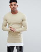 Asos Design Longline Long Sleeve Muscle Fit T-shirt With Contrast Hem Extender - Beige