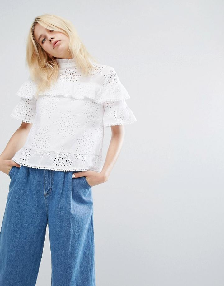 J.o.a Tiered Top With High Neck In Broderie Lace - White